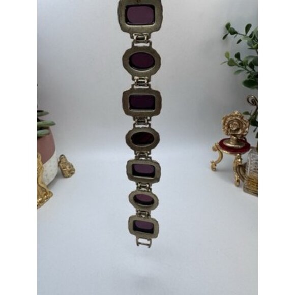 LIZ CLAIBORNE Signed LS Purple Glass Cabochons Two Gold Tone Wide Bracelet VTG - Picture 12 of 13